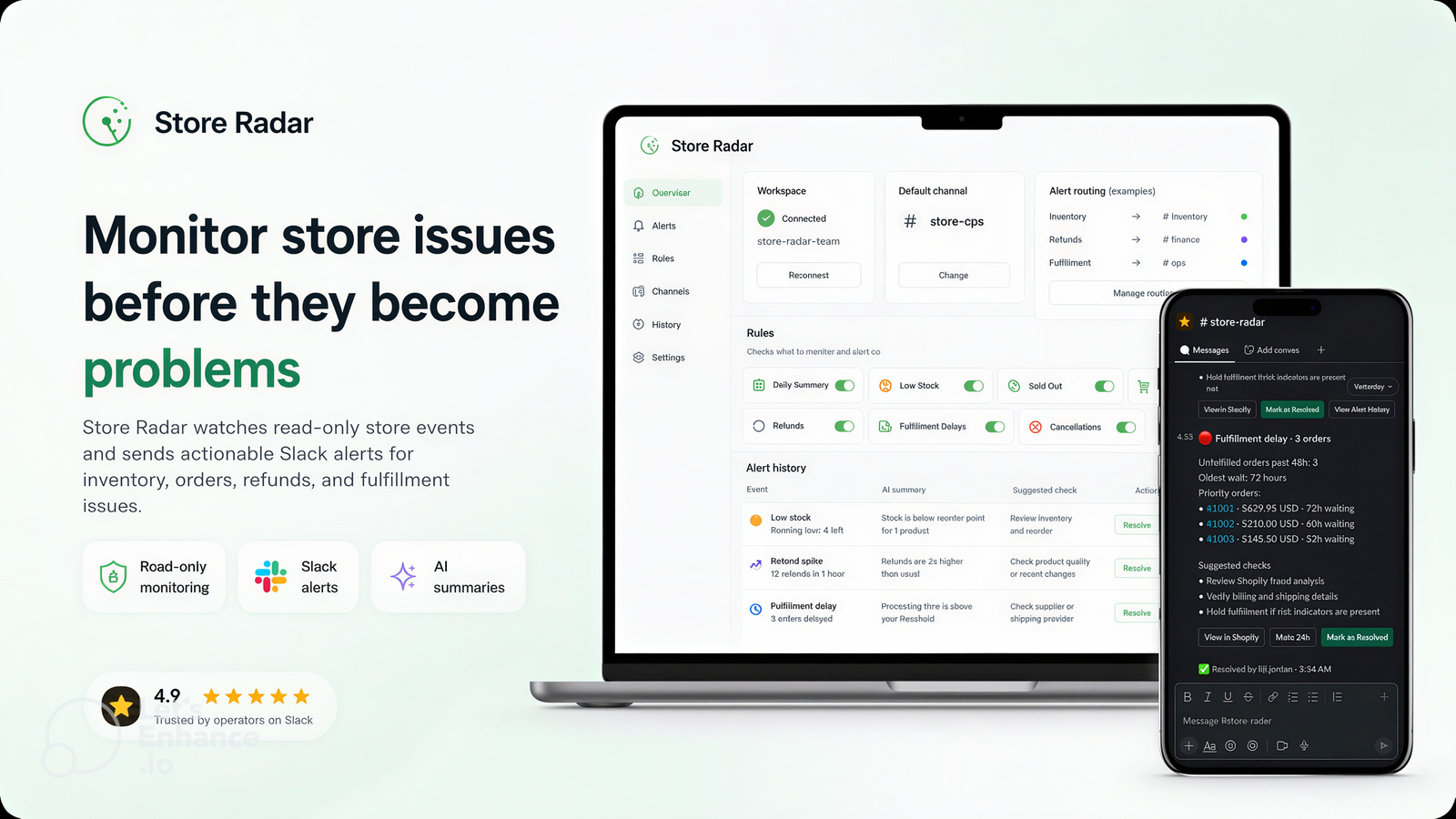 Store Radar dashboard on laptop and phone showing Shopify alerts