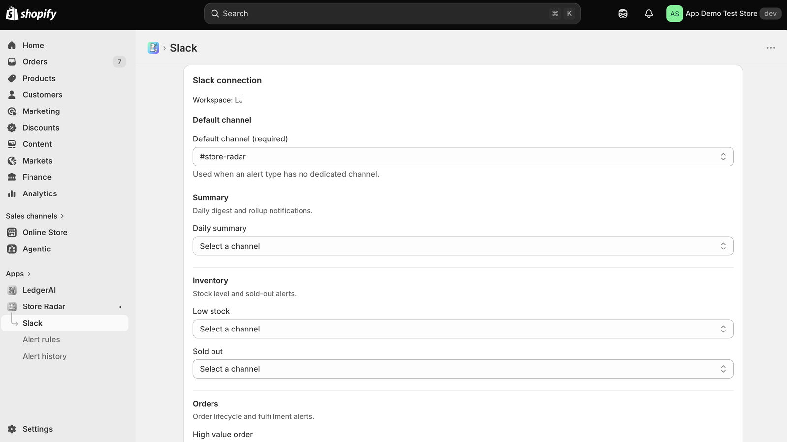 Store Radar Slack settings for default and per-alert channels